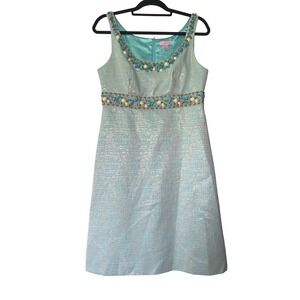 Lilly Pulitzer Sidra Dress Shorely Blue Metallic Beaded Shift Dress Size 10 NEW